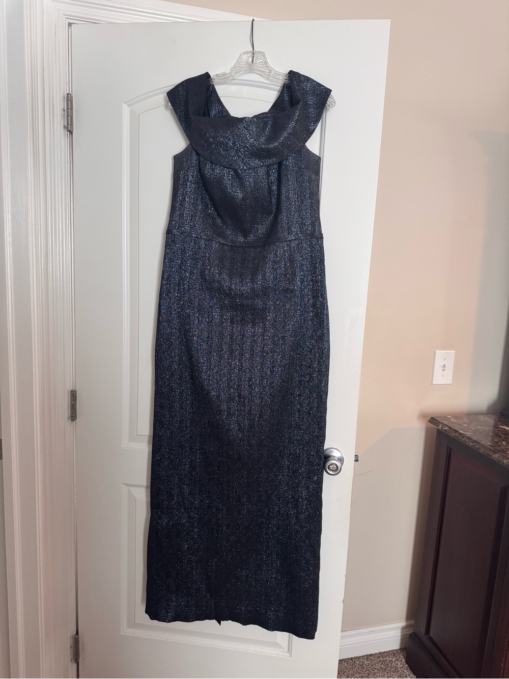 Rickie Freeman for Teri Jon Metallic Navy Sleeveless Cowl Maxi Dress